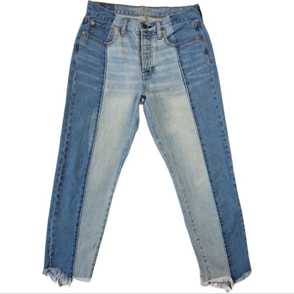 American Eagle Woman’s Blue Colorblock Vintage Hi-Rise frayed hem jeans size 4